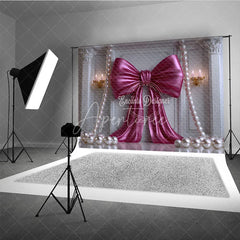 Aperturee - Aperturee Elegant Fuchsia Bow and Pearl Photography Backdrop Classic White Column Wall for Party Decor