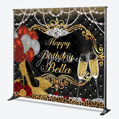 Aperturee - Aperturee Elegant Gold and Black Custom Birthday Backdrop with Champagne and Heels Glamorous Party Decoration