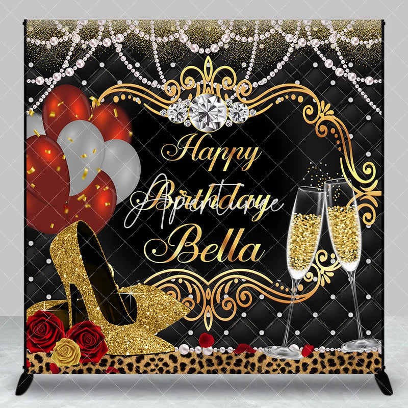 Aperturee - Aperturee Elegant Gold and Black Custom Birthday Backdrop with Champagne and Heels Glamorous Party Decoration