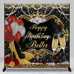 Aperturee - Aperturee Elegant Gold and Black Custom Birthday Backdrop with Champagne and Heels Glamorous Party Decoration