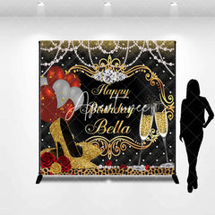 Aperturee - Aperturee Elegant Gold and Black Custom Birthday Backdrop with Champagne and Heels Glamorous Party Decoration