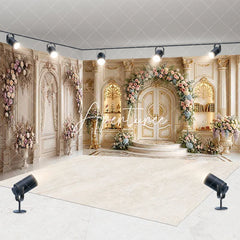 Aperturee - Aperturee Elegant Gold and White Ornate Room Set Backdrop with Floral Arch and Double Doors Luxurious Wedding Photography Decor