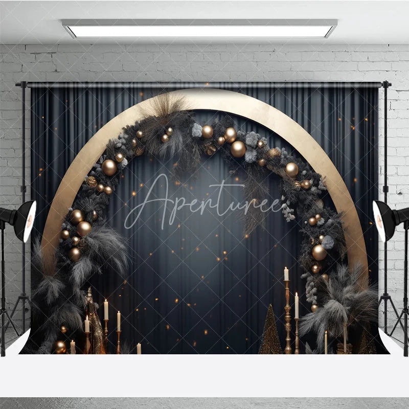 Aperturee - Aperturee Elegant Gold Arch Dark Grey Pampas Grass Photography Backdrop Festive Celebration Party Decor