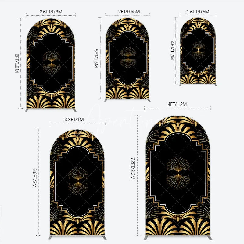 Aperturee - Aperturee Elegant Gold Art Deco Fan Arch Backdrop Luxury Black and Gold Gatsby Style Party Cover
