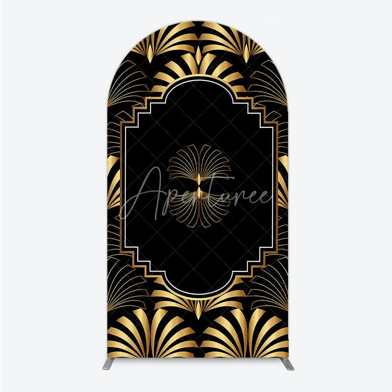 Aperturee - Aperturee Elegant Gold Art Deco Fan Arch Backdrop Luxury Black and Gold Gatsby Style Party Cover