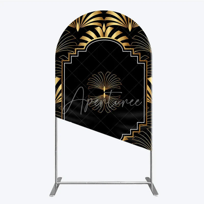 Aperturee - Aperturee Elegant Gold Art Deco Fan Arch Backdrop Luxury Black and Gold Gatsby Style Party Cover