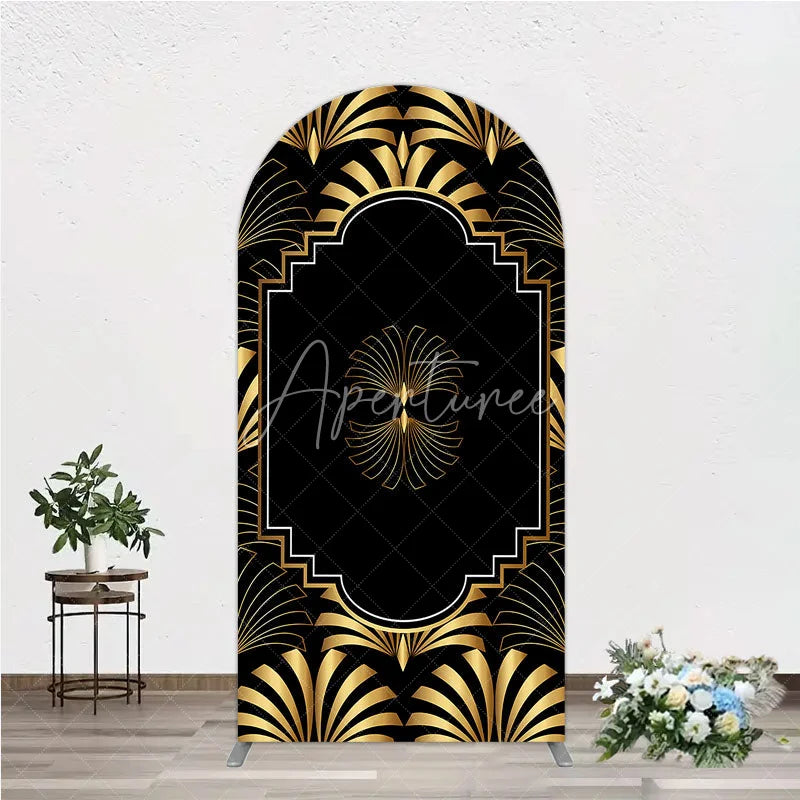 Aperturee - Aperturee Elegant Gold Art Deco Fan Arch Backdrop Luxury Black and Gold Gatsby Style Party Cover