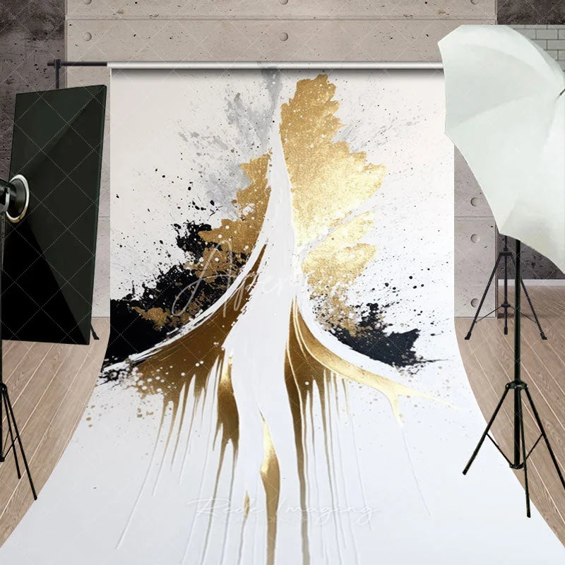 Aperturee - Aperturee Elegant Gold Black and White Abstract Paint Splashes Sweep Backdrop Modern Artistic Photography Studio Decor