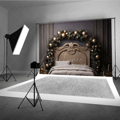 Aperturee Aperturee Elegant Gold Christmas Headboard Photography Backdrop Vintage Bed with Gold Ornaments Luxury Holiday Photo Prop