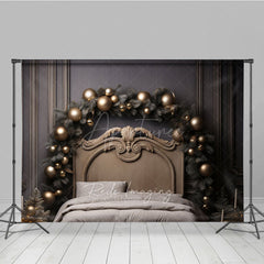 Aperturee Aperturee Elegant Gold Christmas Headboard Photography Backdrop Vintage Bed with Gold Ornaments Luxury Holiday Photo Prop