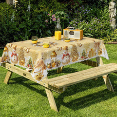 Aperturee - Aperturee Elegant Gold Christmas Rectangle Tablecloth with Wreath Snowman and Reindeer Luxury Holiday Dining Decor