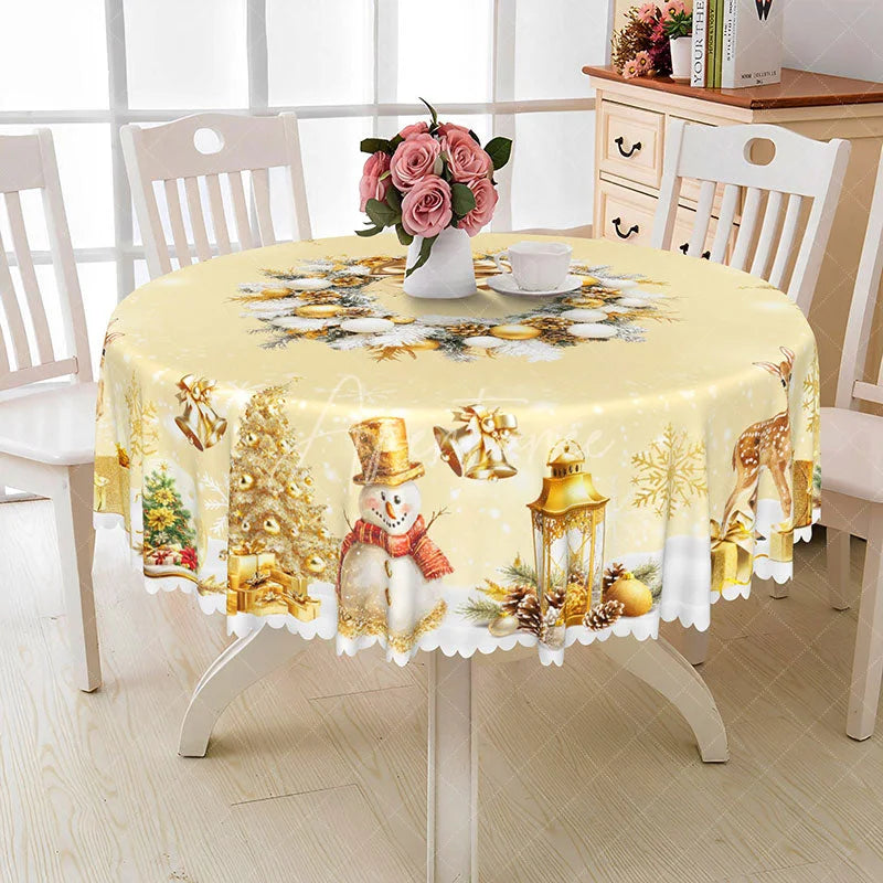 Aperturee - Aperturee Elegant Gold Christmas Round Tablecloth with Wreath Snowman and Reindeer Luxury Holiday Dining Decor
