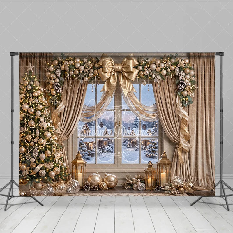 Aperturee - Aperturee Elegant Gold Christmas Tree and Snowy Window Holiday Backdrop Festive Winter Village Scene Decor