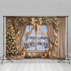 Aperturee - Aperturee Elegant Gold Christmas Tree and Snowy Window Holiday Backdrop Festive Winter Village Scene Decor