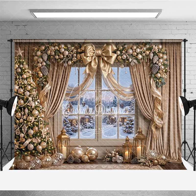 Aperturee - Aperturee Elegant Gold Christmas Tree and Snowy Window Holiday Backdrop Festive Winter Village Scene Decor