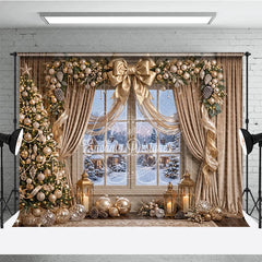 Aperturee - Aperturee Elegant Gold Christmas Tree and Snowy Window Holiday Backdrop Festive Winter Village Scene Decor