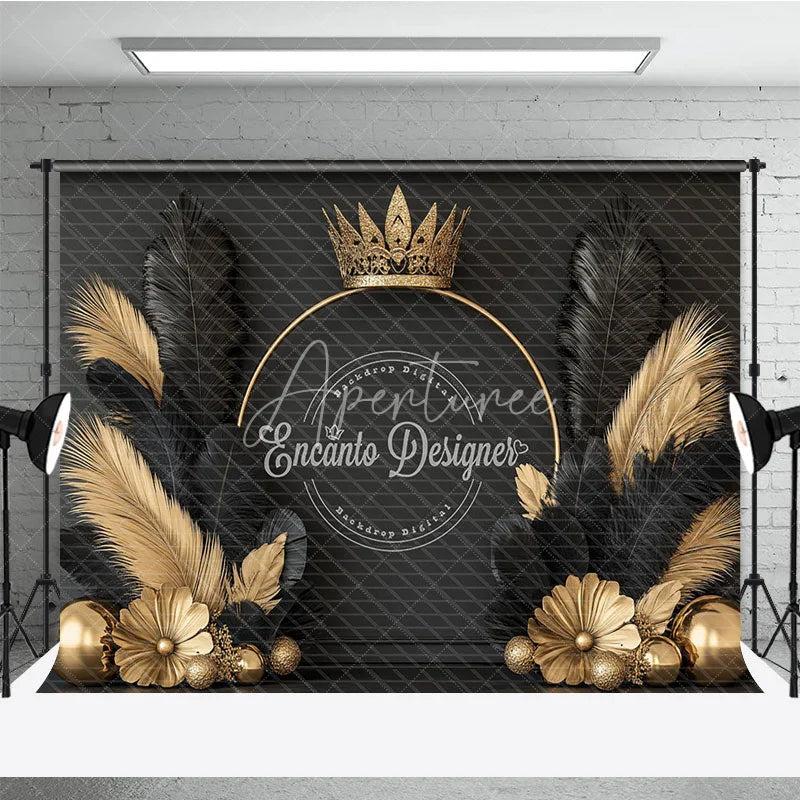 Aperturee - Aperturee Elegant Gold Crown and Black Feather Backdrop Royal Golden Sphere and Flower Decor for Photography