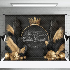 Aperturee - Aperturee Elegant Gold Crown and Black Feather Backdrop Royal Golden Sphere and Flower Decor for Photography