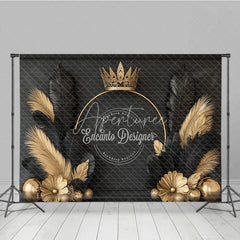 Aperturee - Aperturee Elegant Gold Crown and Black Feather Backdrop Royal Golden Sphere and Flower Decor for Photography