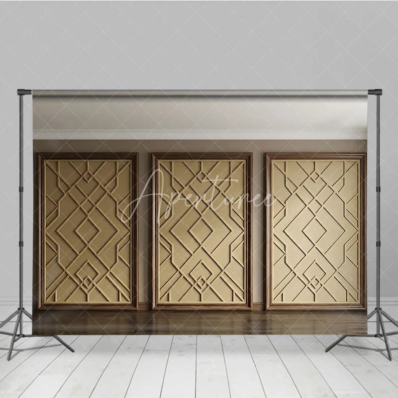 Aperturee - Aperturee Elegant Gold Geometric Pattern Photography Backdrop with Wooden Frame Modern Art Deco Style for Studio Shoots