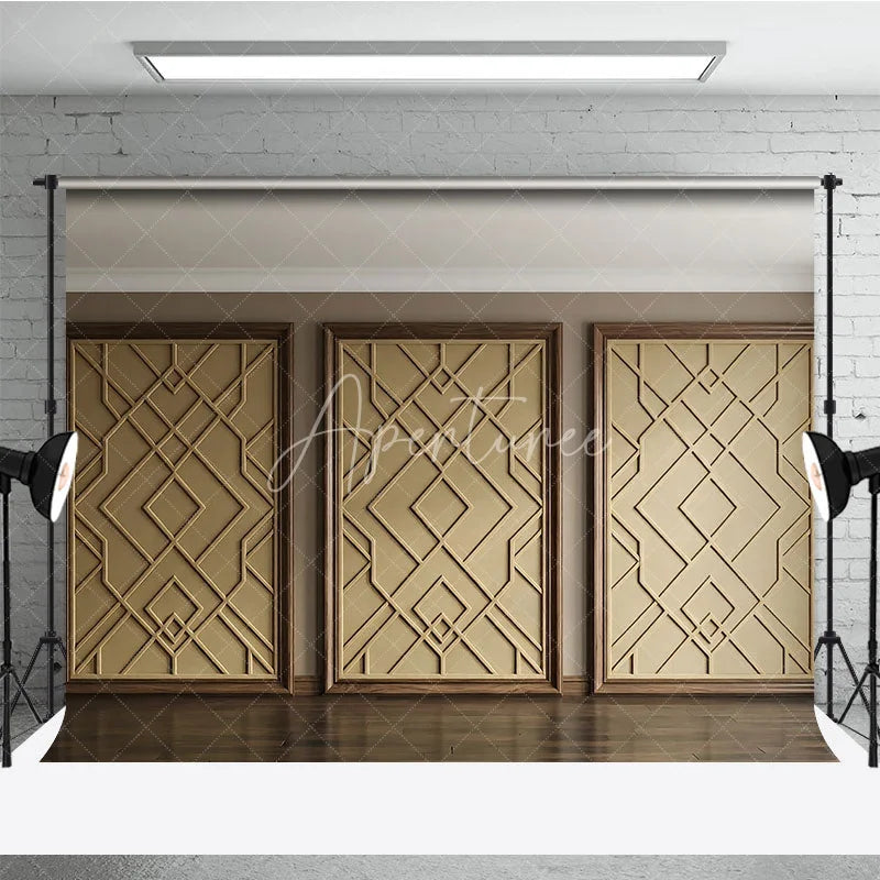 Aperturee - Aperturee Elegant Gold Geometric Pattern Photography Backdrop with Wooden Frame Modern Art Deco Style for Studio Shoots