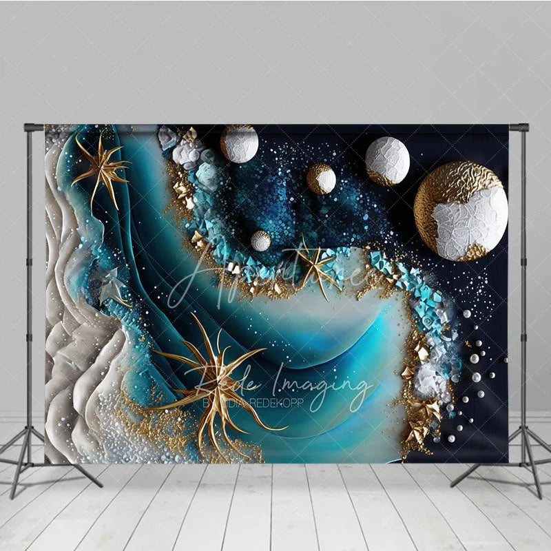 Aperturee - Aperturee Elegant Gold Glitter Blue Teal Abstract Waves Photography Backdrop Artistic Studio Photo Shoot Decor