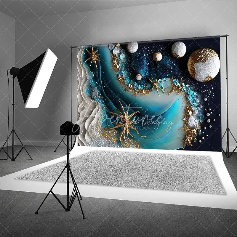 Aperturee - Aperturee Elegant Gold Glitter Blue Teal Abstract Waves Photography Backdrop Artistic Studio Photo Shoot Decor