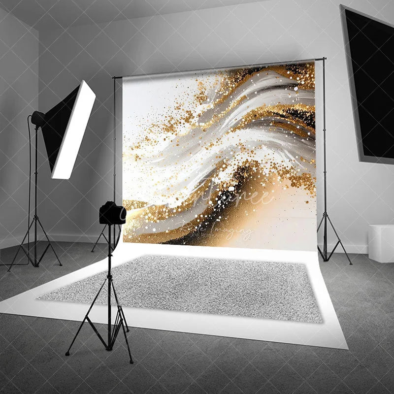 Aperturee - Aperturee Elegant Gold Glitter Swirl Photography Backdrop Modern Abstract Art for Party Decor