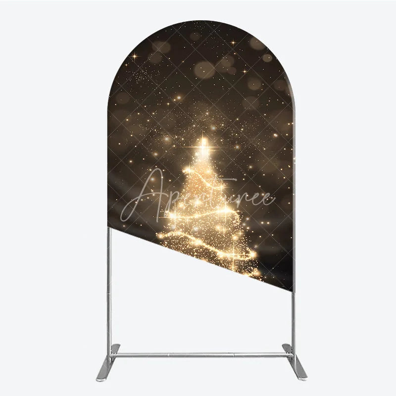 Aperturee - Aperturee Elegant Golden Sparkling Christmas Tree Design Round Top Arch Backdrop Festive Holiday Party Decor