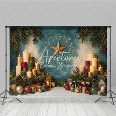 Aperturee - Aperturee Elegant Golden Star and Festive Candles Holiday Backdrop with Pine Branches Berries and Gift Boxes