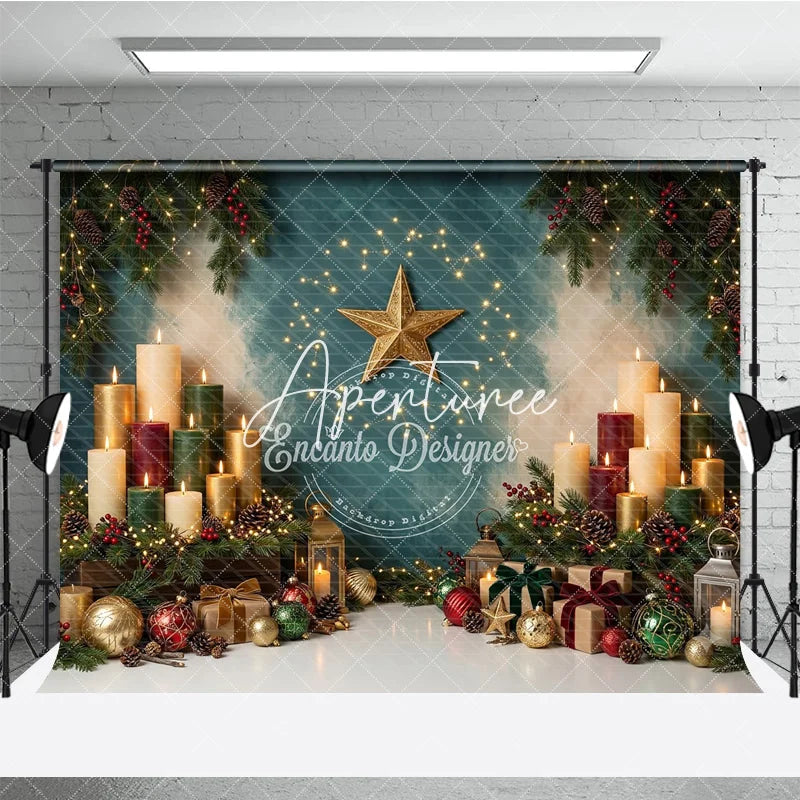 Aperturee - Aperturee Elegant Golden Star and Festive Candles Holiday Backdrop with Pine Branches Berries and Gift Boxes