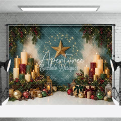 Aperturee - Aperturee Elegant Golden Star and Festive Candles Holiday Backdrop with Pine Branches Berries and Gift Boxes