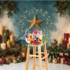 Aperturee - Aperturee Elegant Golden Star and Festive Candles Holiday Backdrop with Pine Branches Berries and Gift Boxes