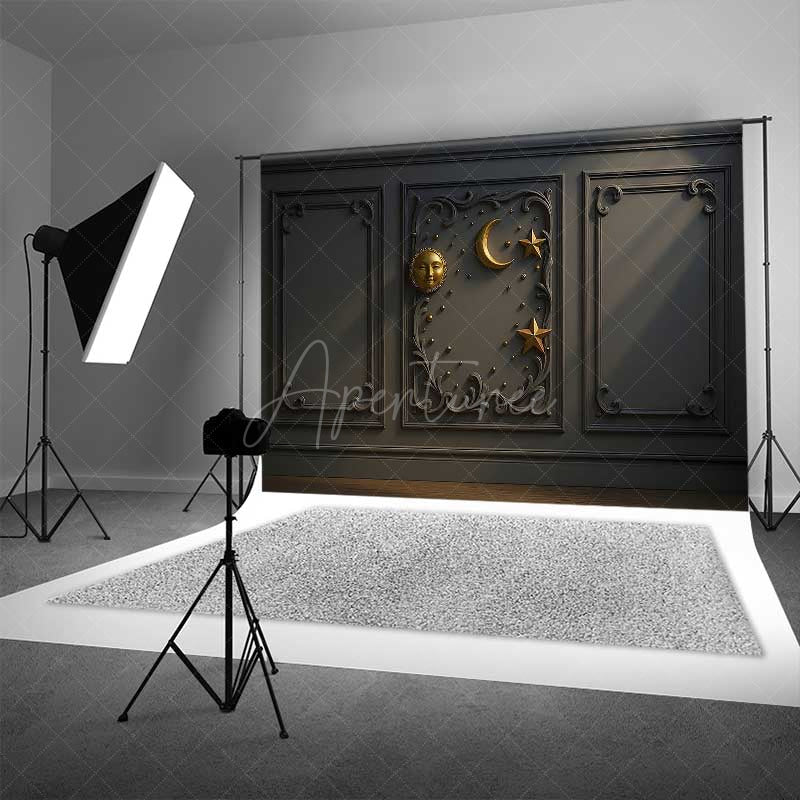 Aperturee Aperturee Elegant Gray Wall Photography Backdrop with Gold Sun Moon and Stars Classic Molding Panel Studio Photo Prop