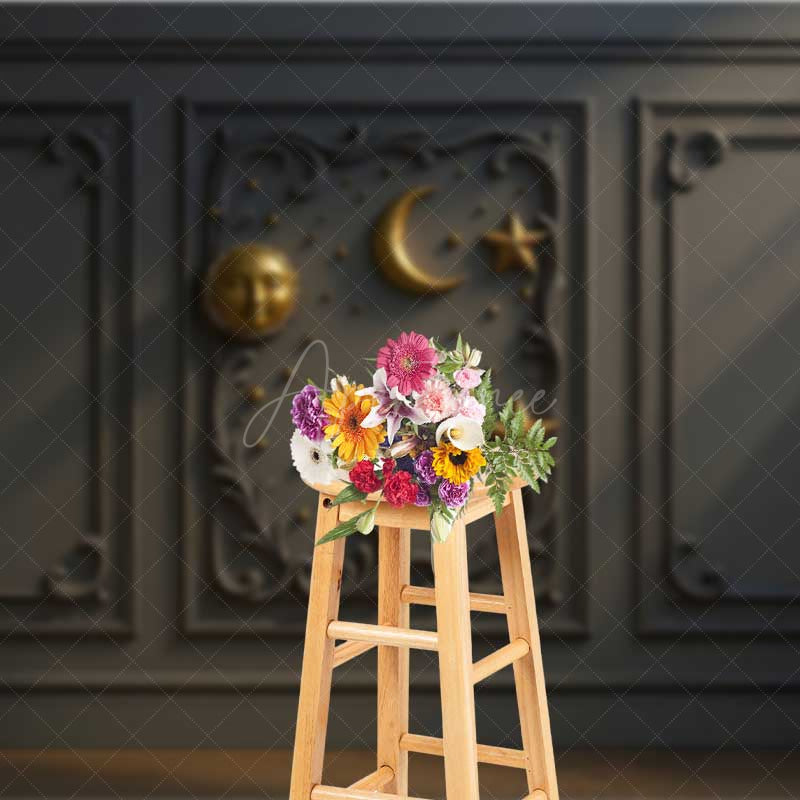 Aperturee Aperturee Elegant Gray Wall Photography Backdrop with Gold Sun Moon and Stars Classic Molding Panel Studio Photo Prop