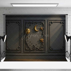 Aperturee Aperturee Elegant Gray Wall Photography Backdrop with Gold Sun Moon and Stars Classic Molding Panel Studio Photo Prop