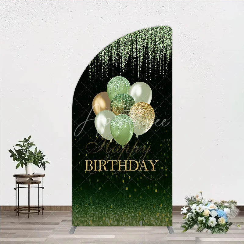 Aperturee - Aperturee Elegant Green and Gold Glitter Happy Birthday Balloons Half Moon Arch Backdrop Festive Celebration Decor