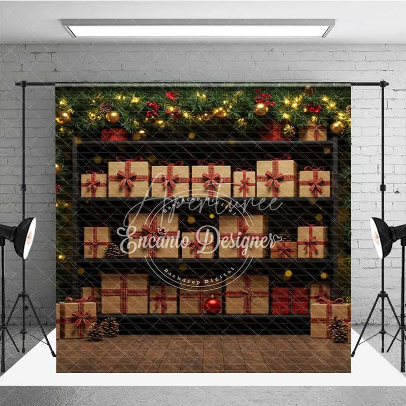 Aperturee - Aperturee Elegant Green and Red Christmas Room Set Backdrop with Gift Wall Wreath and Wood Floor Holiday Photo Studio
