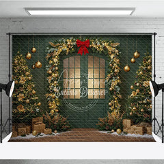 Aperturee - Aperturee Elegant Green Christmas Door Photography Backdrop Gold Garland Arch in Snow Holiday Mini Session Background