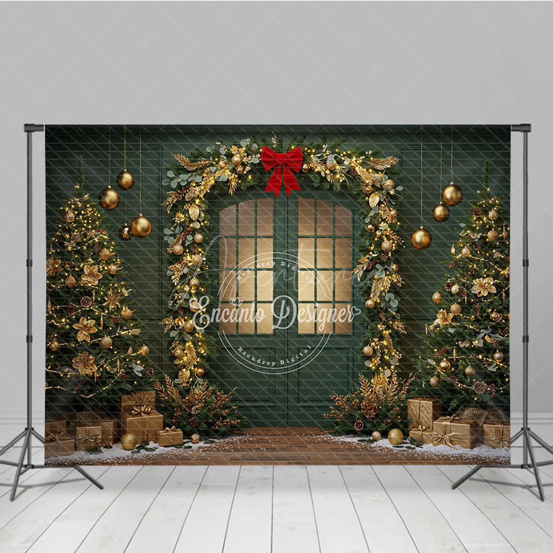 Aperturee - Aperturee Elegant Green Christmas Door Photography Backdrop Gold Garland Arch in Snow Holiday Mini Session Background