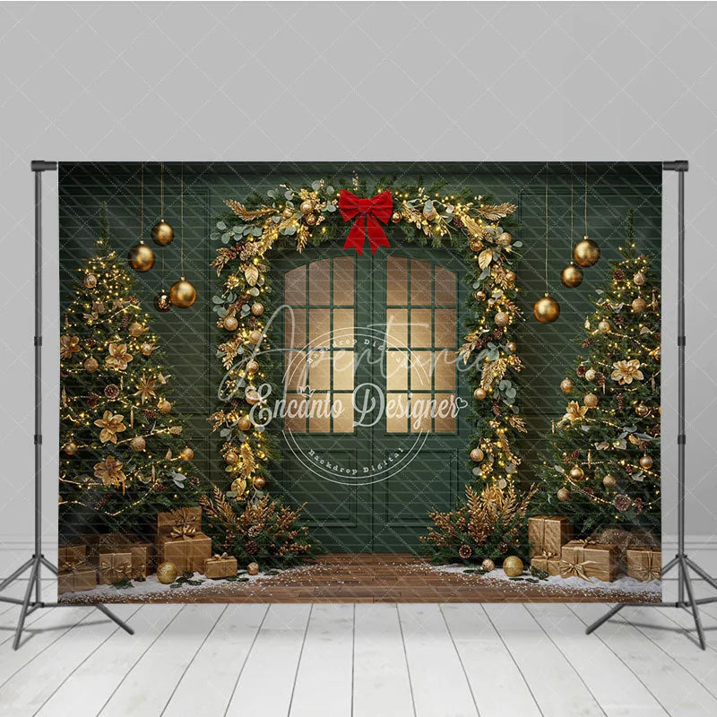 Aperturee - Aperturee Elegant Green Christmas Door Photography Backdrop Gold Garland Arch in Snow Holiday Mini Session Background