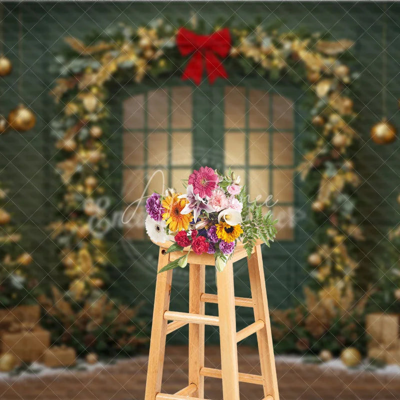 Aperturee - Aperturee Elegant Green Christmas Door Photography Backdrop Gold Garland Arch in Snow Holiday Mini Session Background