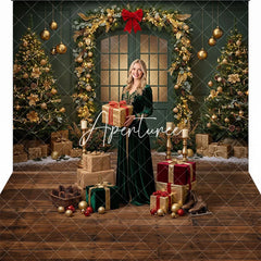 Aperturee - Aperturee Elegant Green Christmas Door with Golden Garland and Decorated Trees Combo Set Backdrop Festive Holiday Party Decor