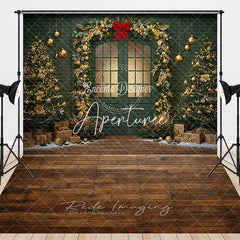 Aperturee - Aperturee Elegant Green Christmas Door with Golden Garland and Decorated Trees Combo Set Backdrop Festive Holiday Party Decor