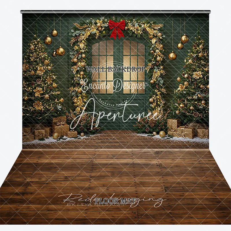 Aperturee - Aperturee Elegant Green Christmas Door with Golden Garland and Decorated Trees Combo Set Backdrop Festive Holiday Party Decor