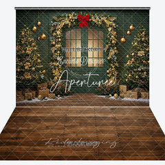 Aperturee - Aperturee Elegant Green Christmas Door with Golden Garland and Decorated Trees Combo Set Backdrop Festive Holiday Party Decor