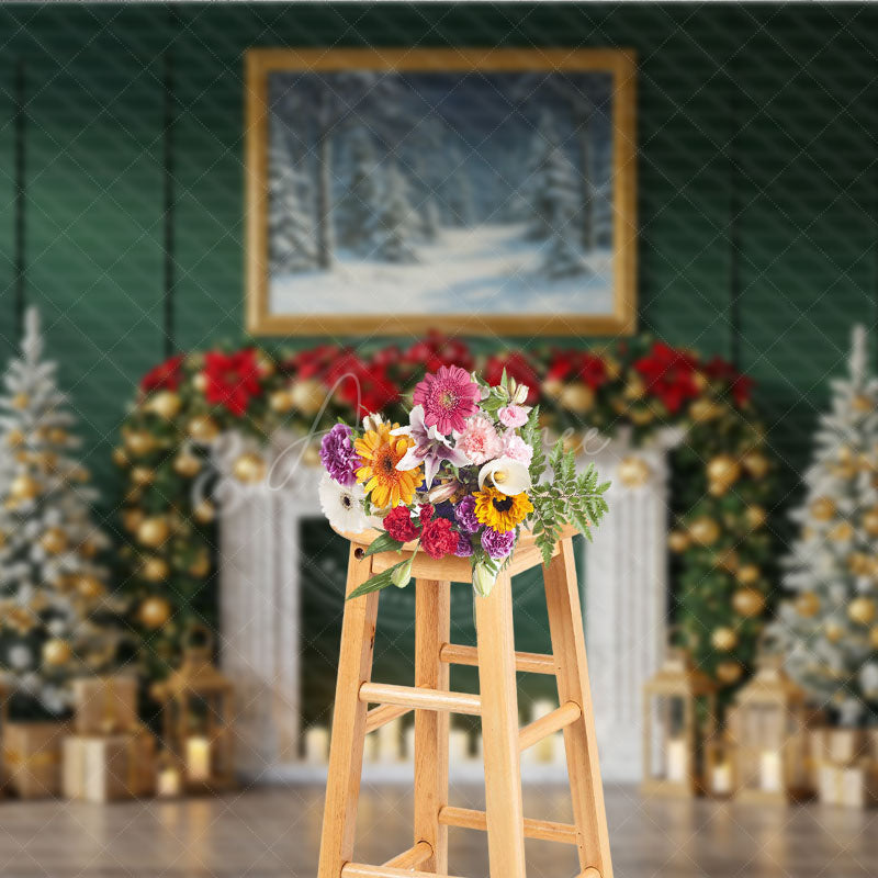 Aperturee - Aperturee Elegant Green Christmas Fireplace Photography Backdrop Flocked Trees with Gold Garland Holiday Photo Background