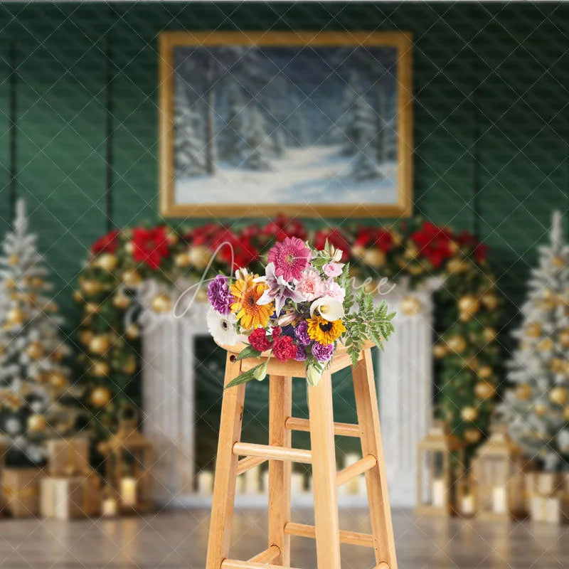 Aperturee - Aperturee Elegant Green Christmas Fireplace Photography Backdrop Flocked Trees with Gold Garland Holiday Photo Background