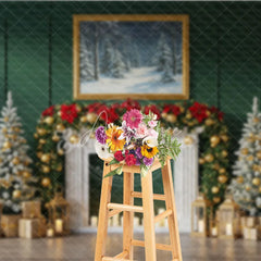 Aperturee - Aperturee Elegant Green Christmas Fireplace Photography Backdrop Flocked Trees with Gold Garland Holiday Photo Background