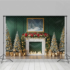 Aperturee - Aperturee Elegant Green Christmas Fireplace Photography Backdrop Flocked Trees with Gold Garland Holiday Photo Background